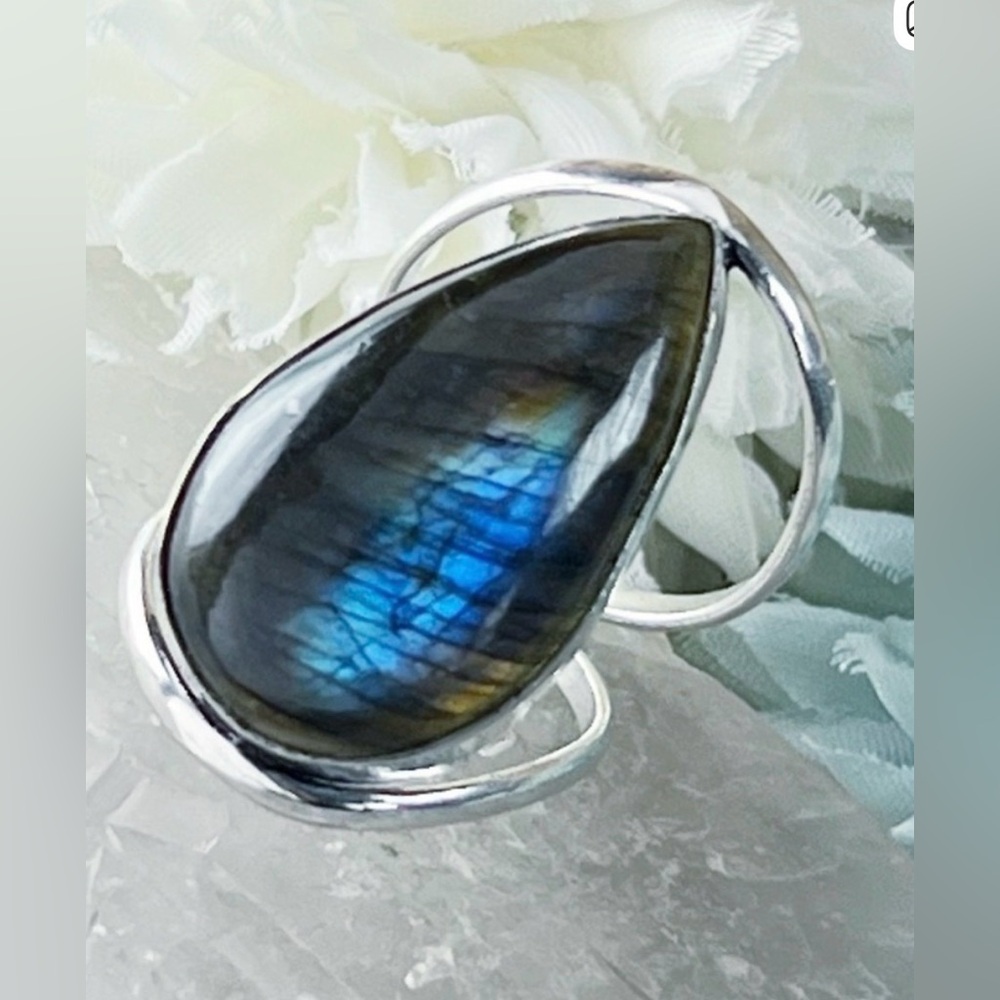 Flash Labradorite Big Ring Size 9 Sterling Silver 925 Ring Pear Handmade New - Picture 2 of 7